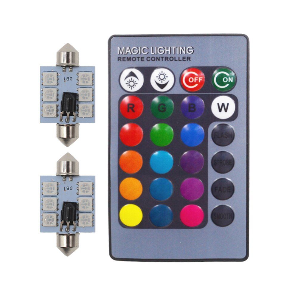 2X c5w Auto Led RGB 5050 6SMD 41mm Festoon Dome Auto Door Light Automobile Remote Controlled Colorful Lamp Roof Atmosphere Bulbs