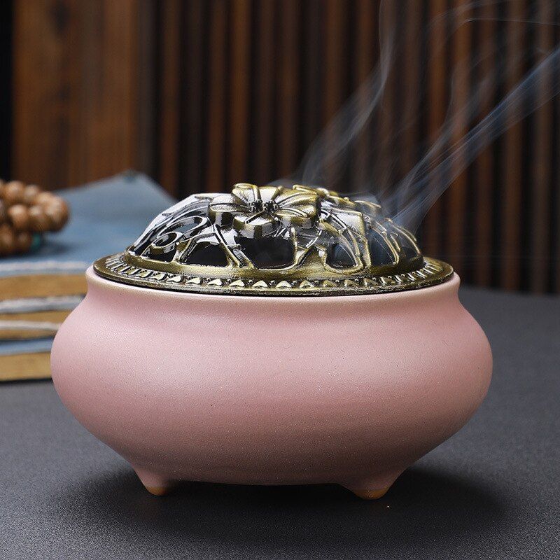 Incense Burner Antique Alloy Glazed Incense Burner for Indoor Bedroom with Copper Cover Ceramic Buddha Set