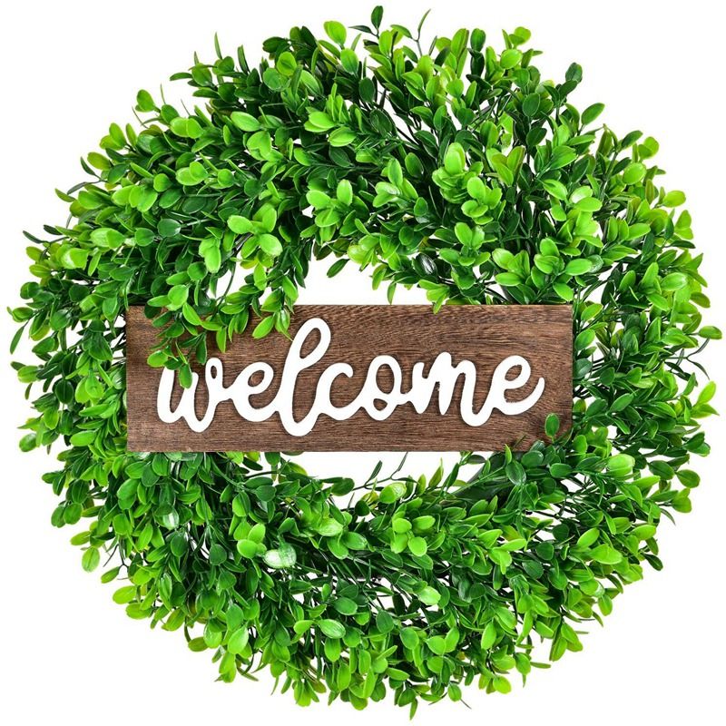 Artificial Boxwood Wreath,Welcome Wreath with Wooden Welcome Sign Green Wreath for Front Door Window Home Decoration