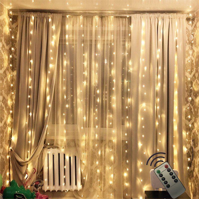 3*2.5M 240LED Curtain String Lights Remote Control Fairy Garland For New Year Christmas Wedding Home Outdoor Window Decoration--220V Warm white--