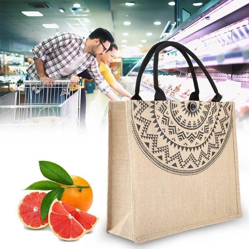 Vintage Square Gunny Bag Jute Handbag Storage Shopping Carrier Shoulder Tote