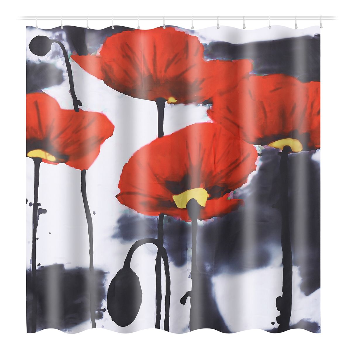 Shower Curtain Bathroom Decor Set Red Flower Ink Painting Art Design Curtains