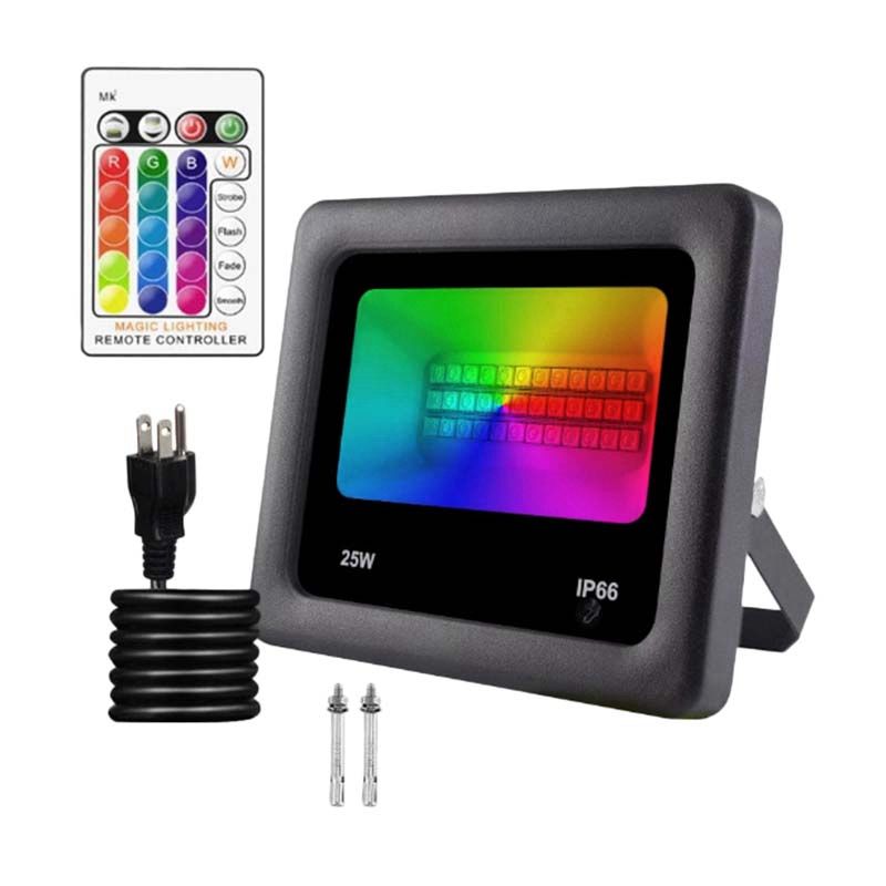 RGB FloodLights 25W LED Remote Control Spotlights IP66 Waterproof 16 Colors & 4 Modes for Garden Stage Park(US Plug)