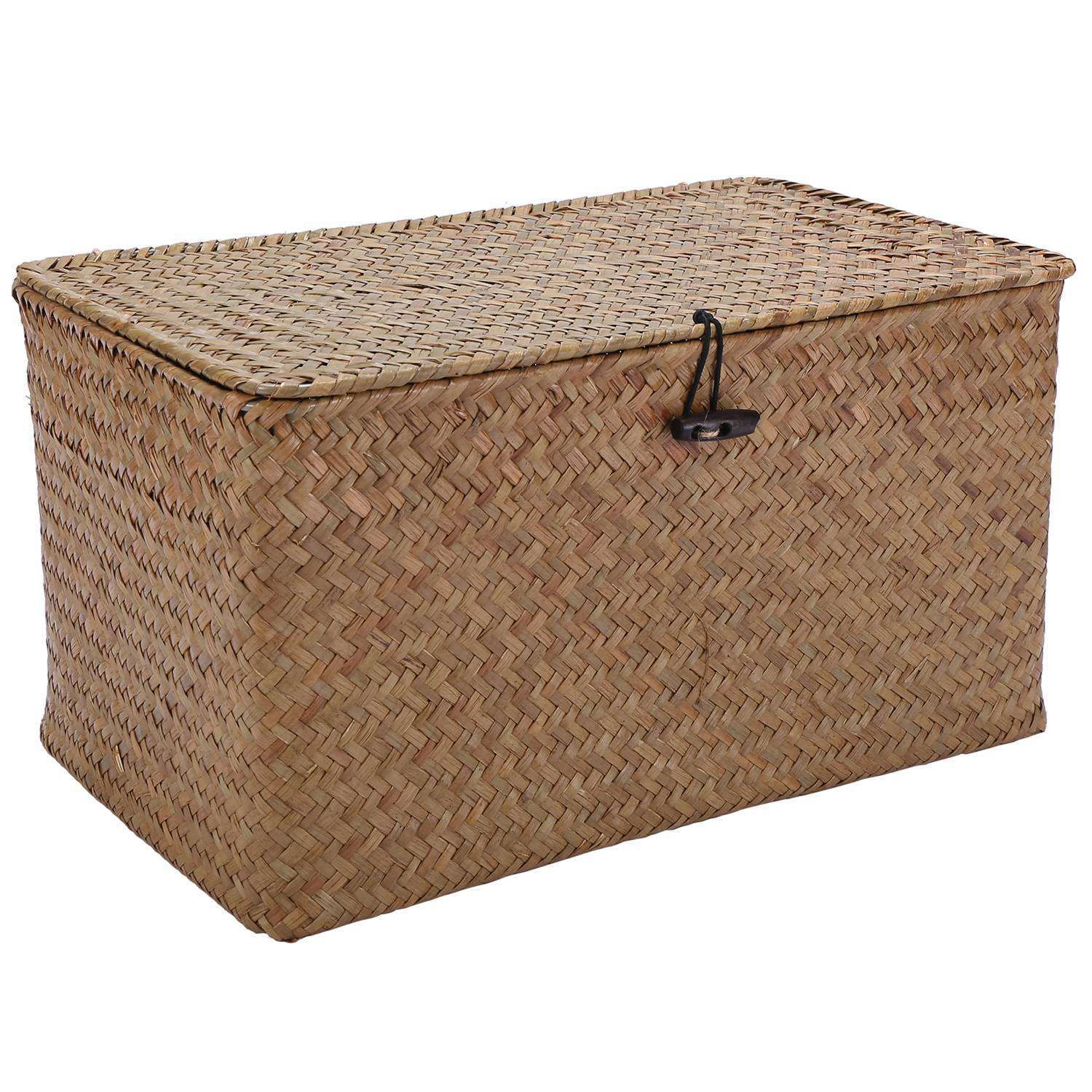 Delicate product Handmade Straw Woven Storage Basket with Lid Makeup Organizer Storage Box Seagrass Laundry Baskets Rattan Jewelry Box(M)