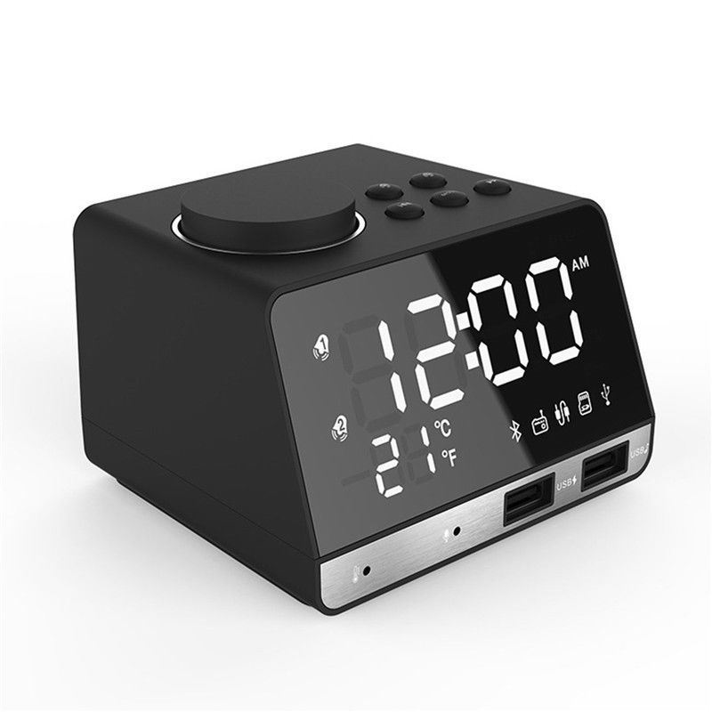 USB LED Alarm Clock + FM Radio + Wireless bluetooth Speaker + 2 USB Charger Port Digital Display for Mobile Phone Office Home