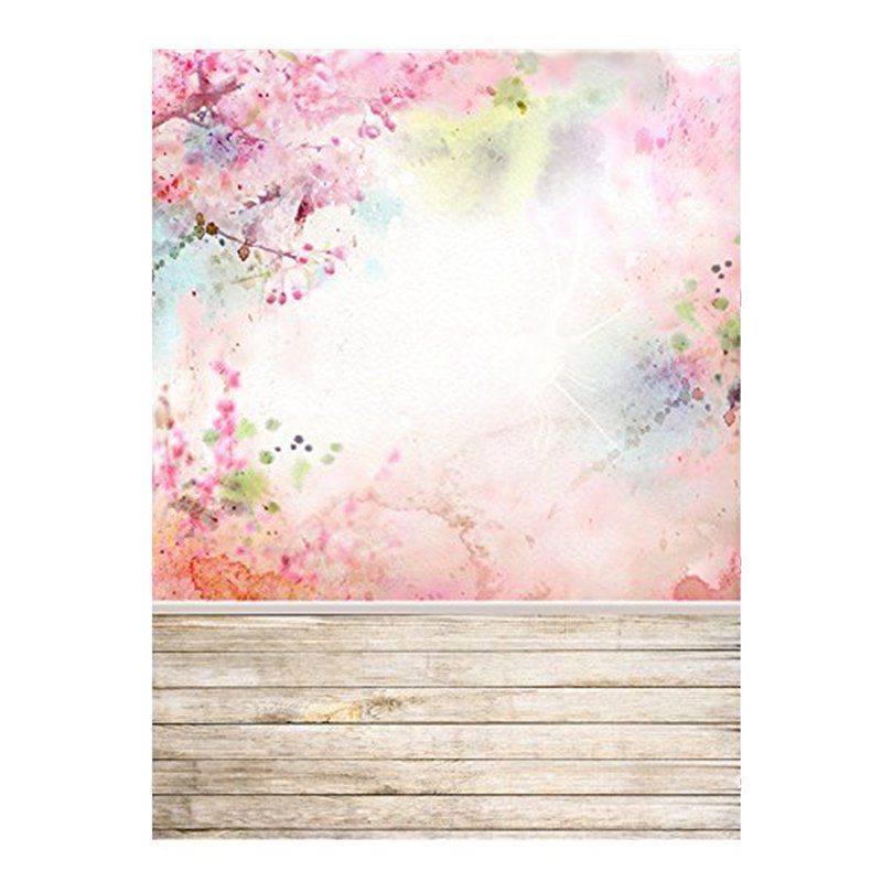 3x5ft Photography Backdrop Pink Flowers Wood Floor Photo Background for Wedding Baby Birthday Party Studio Props 0.9x1.5m