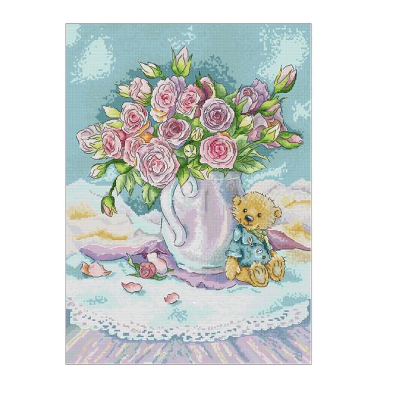 JAERBEE Cross Stitch Stamped Kits 14CT Printed Embroidery Cloth Needlepoint Kits Easy Patterns for Rose Vase 38X50cm