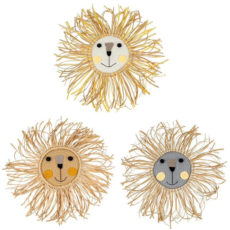 3Pcs Cartoon Lion Hanging Decorations Handmade Cotton Thread Weaving Animal Head Ornament Kids Room Wall Home Accessory(null)