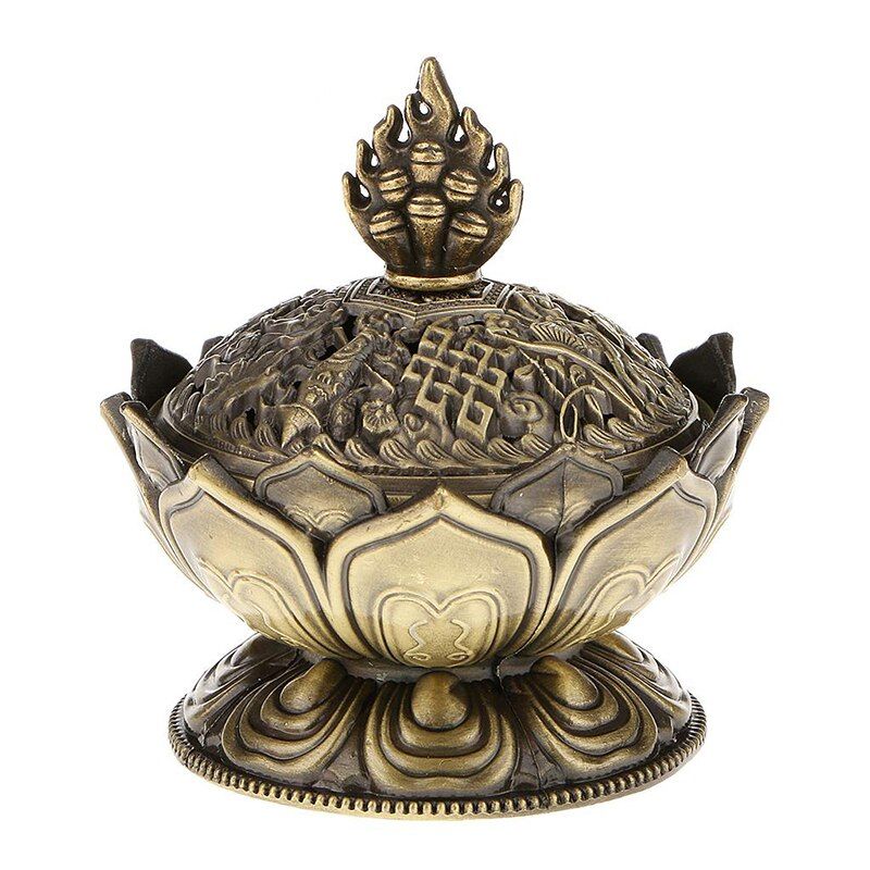 Lotus Incense oke Cone Aroma Burner Holder Stove Backflow Censer Decor-Bronze