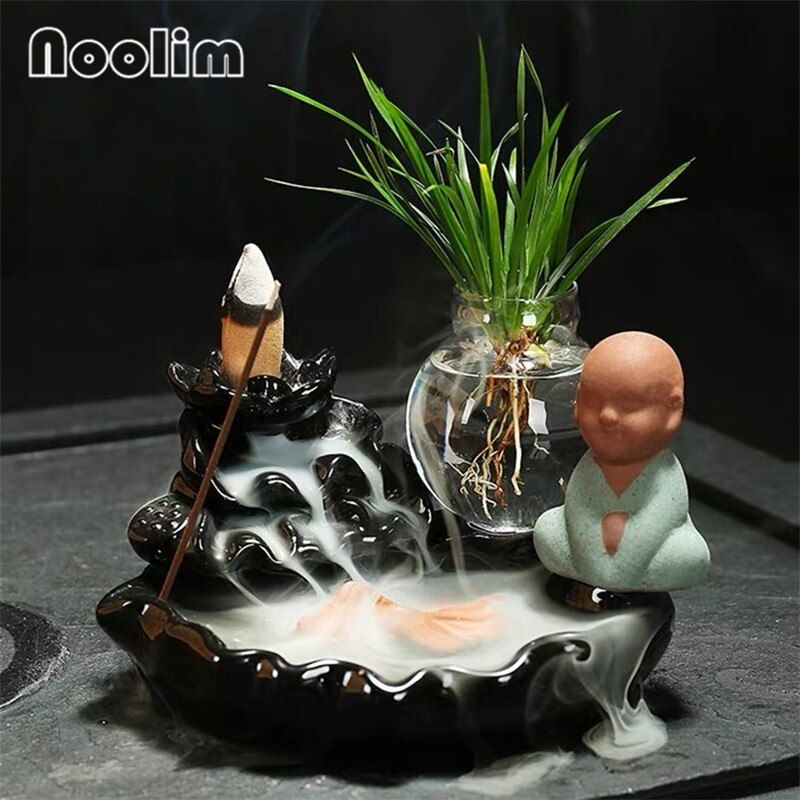 Ceramic Little Monk Backflow Incense Burner Home Decor Creative Incense Stick Holder Waterfall Censer with Hydroponics Vase