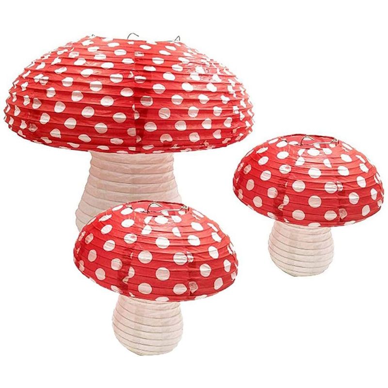 3Pcs Mushroom Shaped Paper Lanterns for Forest Jungle Wonderland Theme Birthday Party Decor Hanging 3D Mushroom Ornament