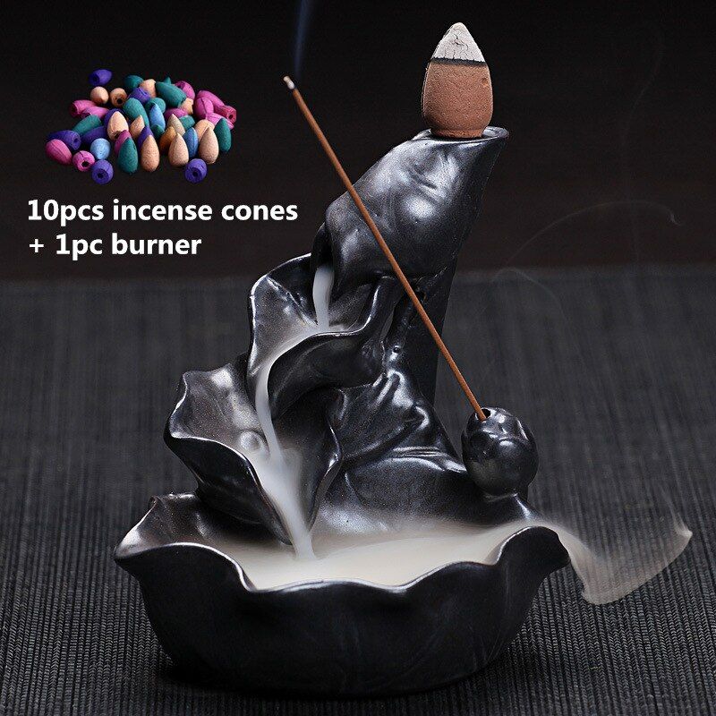 HOUSEEYOU Ceramic Lotus Incense Burner Waterfall Backflow Incense Holder Home Decor Buddhist Aroma Censer + 10Pcs Incense Cones
