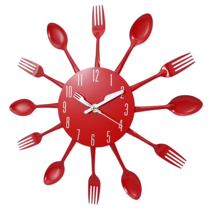 Individual Home Decorations Noiseless Stainless Steel Cutlery Clocks Knife And Fork Spoon Wall Clock Kitchen Restaurant Home Decor Red