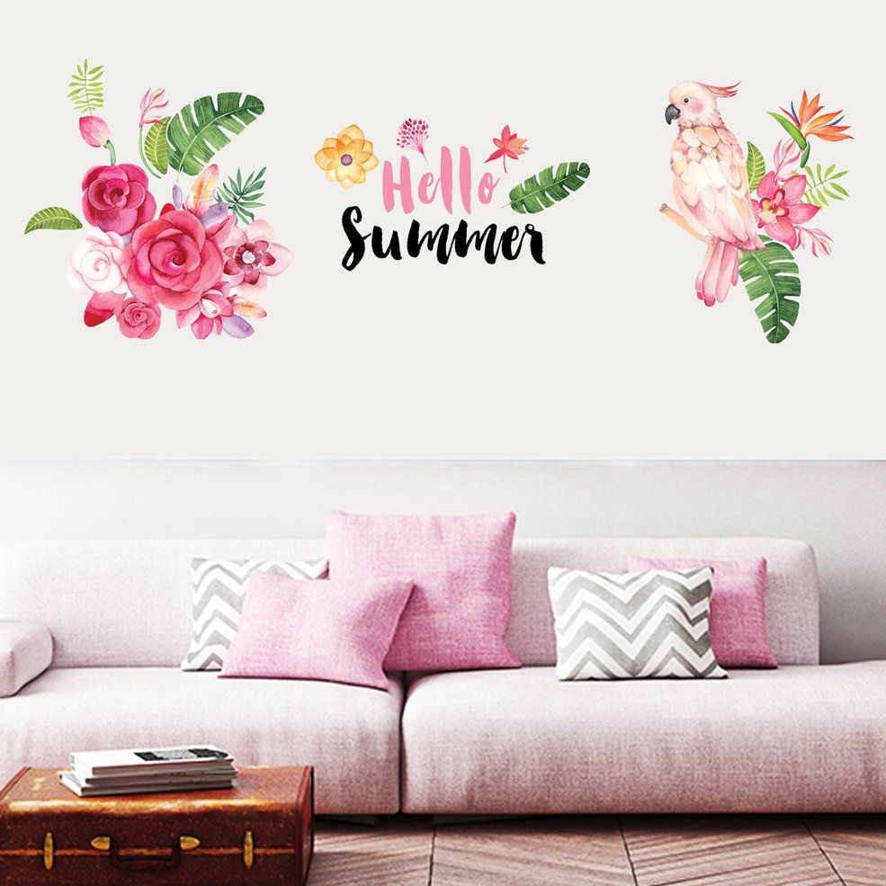 MA Fresh Flower Parrot Wall Paste Background Decoration Self-Adhesive Removable-Pink Flower&Parro