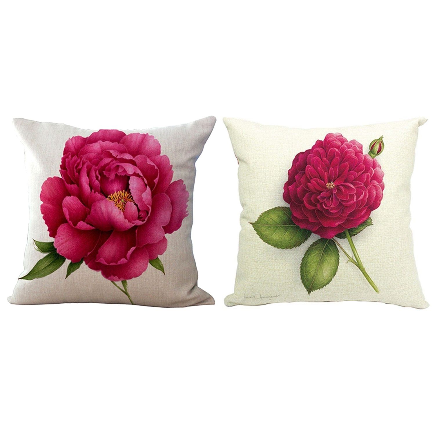 Individual 2Pcs Vintage Floral/Flower Flax Decorative Throw Pillow Case Cushion Cover Home Sofa Decorative Rose Flower 1& Rose