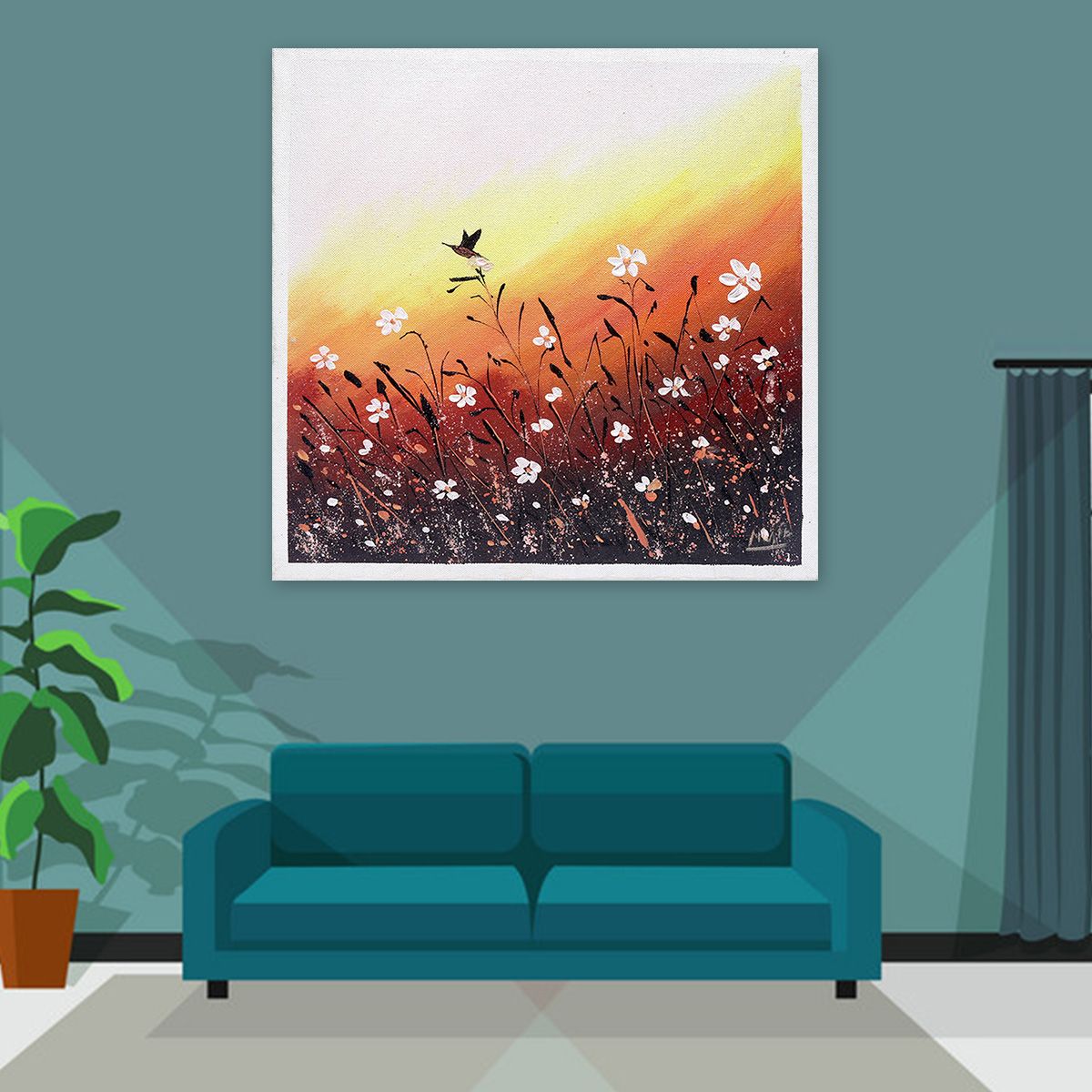Hand painted Acrylic Painting For Wall Decor/flower field with sunset painting