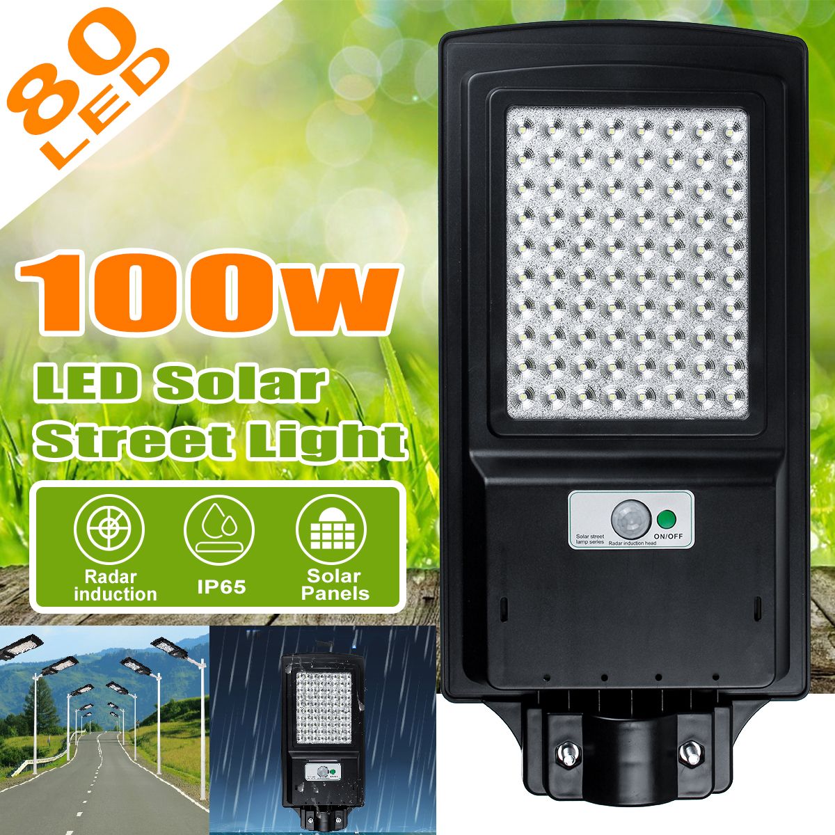 100W 80LED Solar Street Lights Radar Induction+ Remote Controller, Commercial 1000mAh Bright Motion Sensor Waterproof IP65 Area Security Lamp for Garden Yard