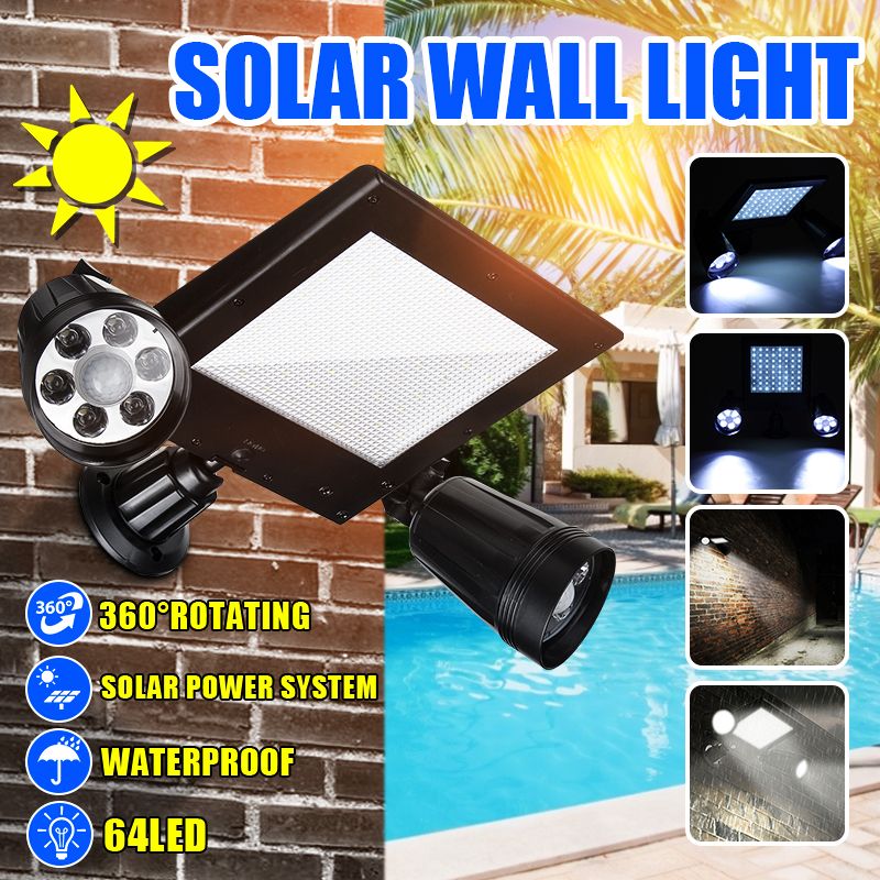 64 LED 6500K 600LM Solar Light Powered 2000MA Wall Security Lamp Garden Outdoor