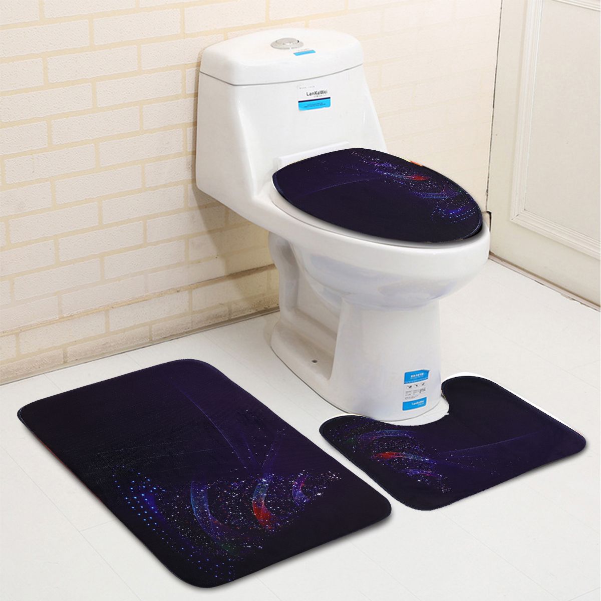 3PCS Christmas Bathroom Shower Curtain Mat Lid Toilet Cover Bath Floor Rug Non