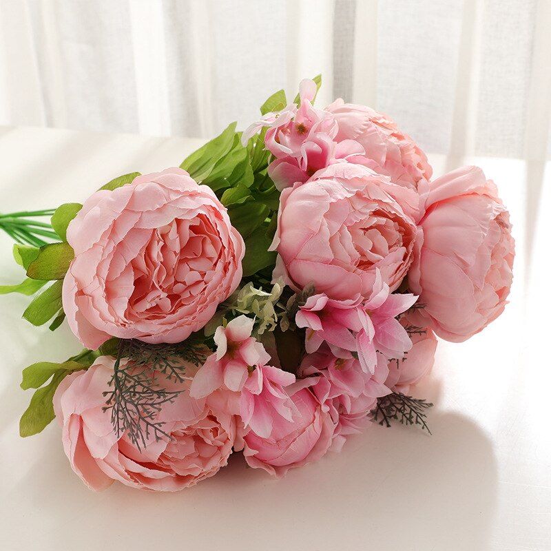 13 Branches Small fresh Artificial Silk Peony Bouquets Big Flowers for Wedding Party Office Hotel and Home Decoration