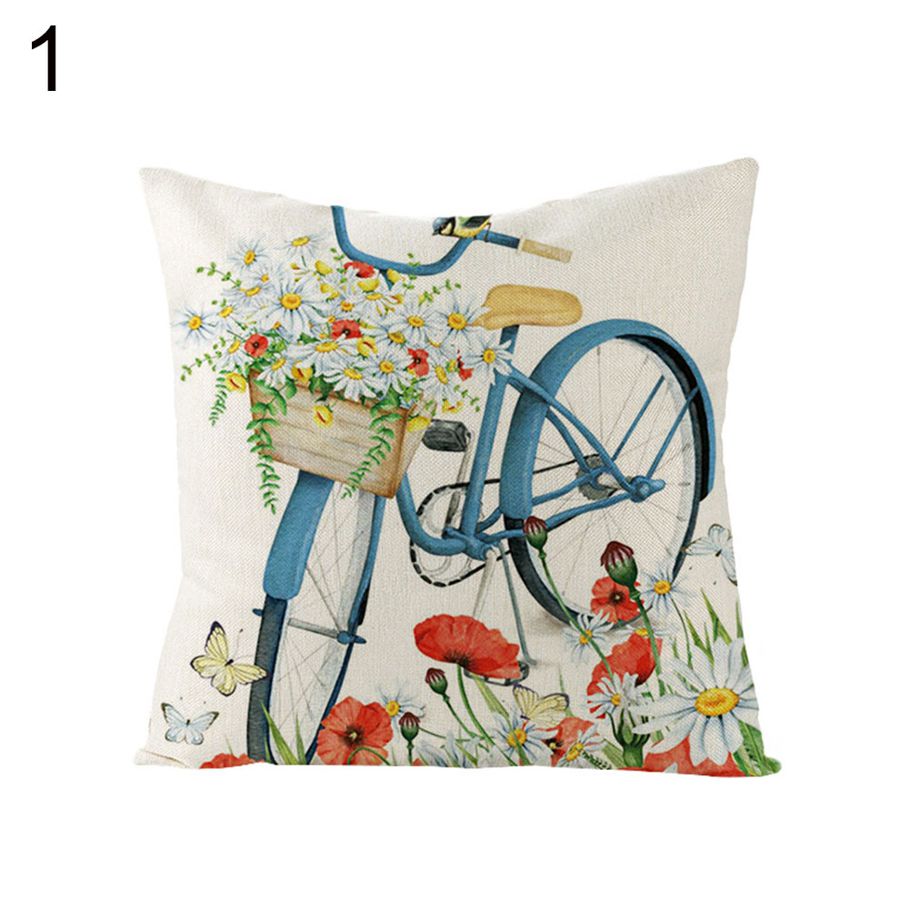 Flower Bike Balloon Print Linen Throw Pillow Case Cushion Cover Sofa Decor