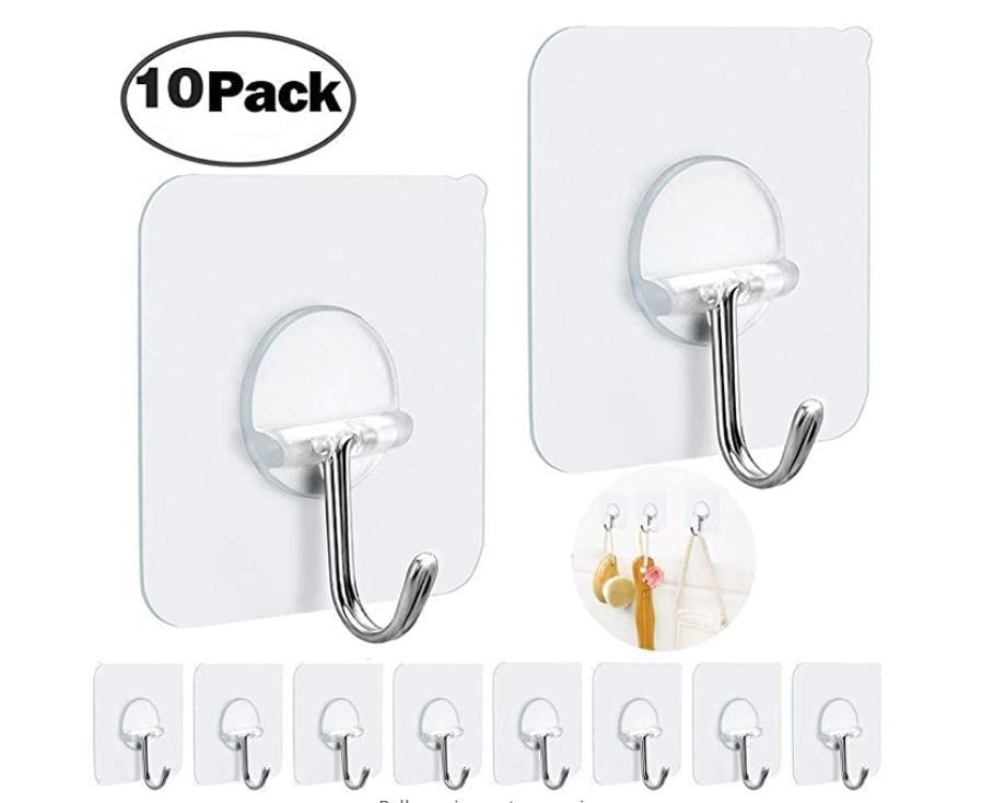 Adhesive Wall Hooks Heavy Duty Wall Hangers Without Nails 15 pounds (Max) 180 Degree Rotating Seamless Scratch Hooks for Hanging Bathroom Kitchen Office-10 Packs