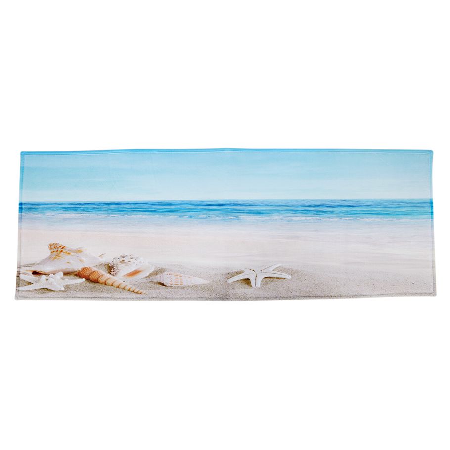 Blue Ocean Starfish Conch Shell Holiday Beach Seaside Scenery Nautical Theme Print Polyester Rubber Anti-Skid Bathroom Mats Rugs 40x120cm , Blue Ocean Starfish Conch Shell Print Mats