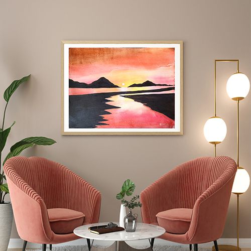 Hand painted Red Sunset Lake watercolor on handmade paper/size:16/12 inch./nature painting/art painting