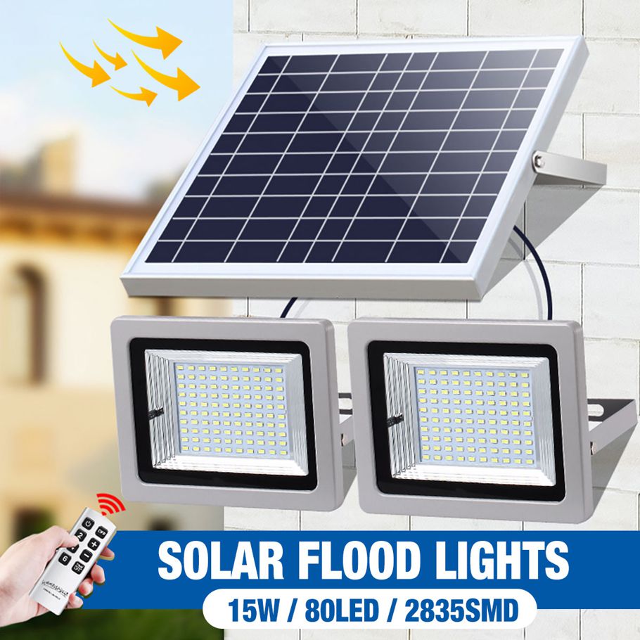 Decorate Your Life 2-IN-1 Solar Lights 2PCS 15W 80LED 2835SMD w/ Remote Control, Waterproof IP65 Floodlight Wall Street Security Night Lighting Outdoor Garden Patio Fence Pathway