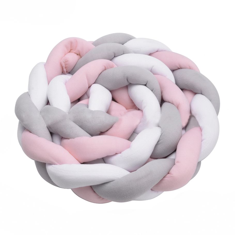 Individual Baby Crib Bumper Knotted Braided Plush Nursery Cradle Decor born Gift Pillow Cushion Junior Bed Sleep Bumper (2 Meters, White-Gray-Pink)
