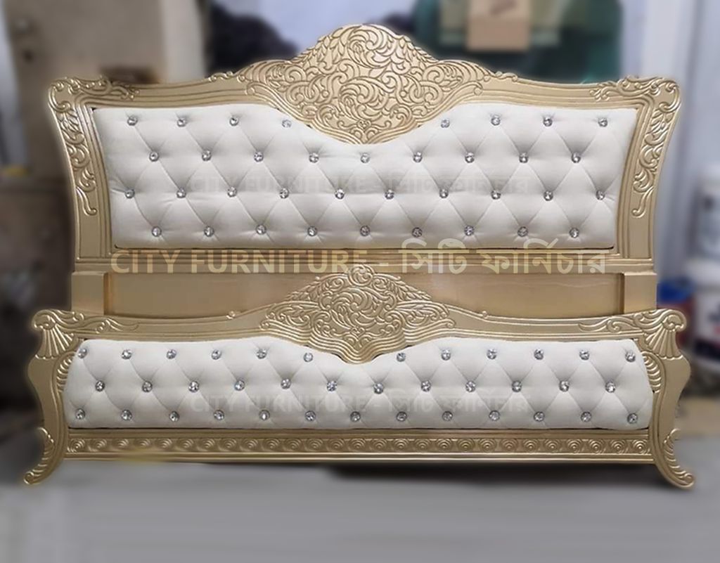 B-0614 Modern Golden White Leather Bed (ALL SIZE)