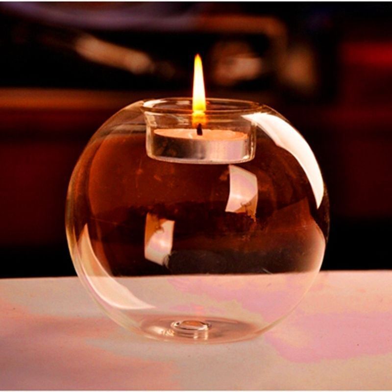 Round Hollow Glass Candlestick Creative Crystal Transparent Sphere Shape Candle Holder Home Decoration