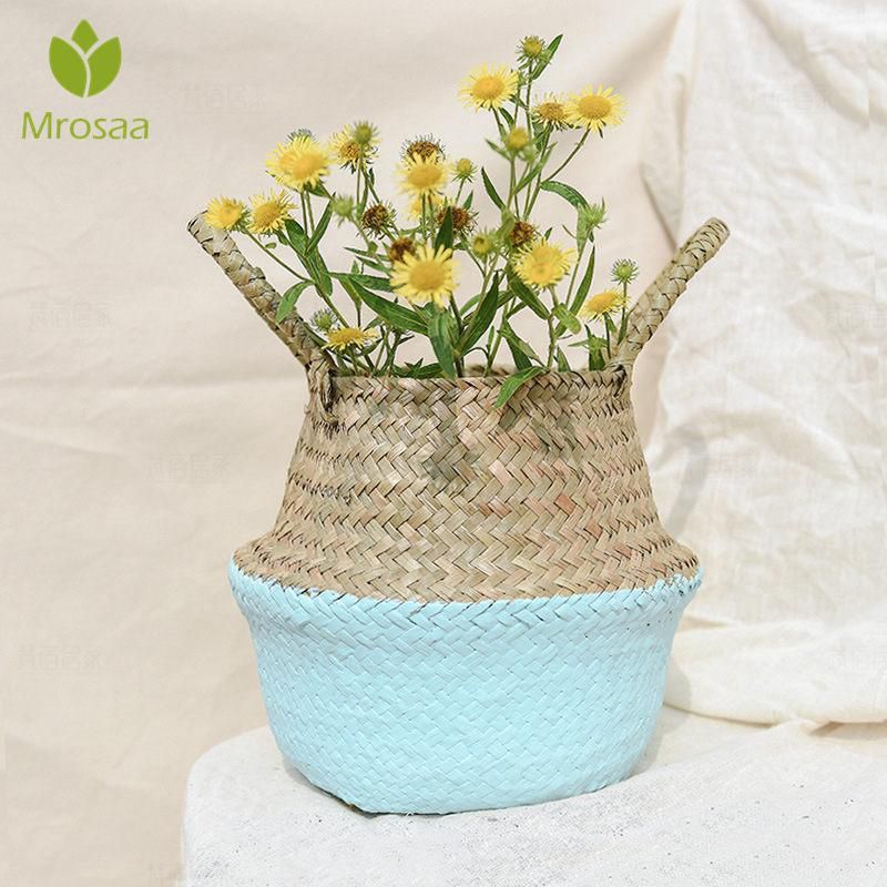 Mrosaa Handmade Bamboo Storage Baskets Foldable Laundry Straw Patchwork Wicker Rattan Seagrass Belly Garden Flower Pot Planter Basket-L: 27x31x25cm