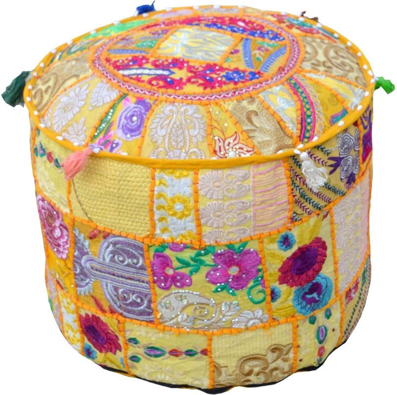 Sanganeri Print Large Pouffe Bean Bag Cover (Without Beans)  (Yellow)