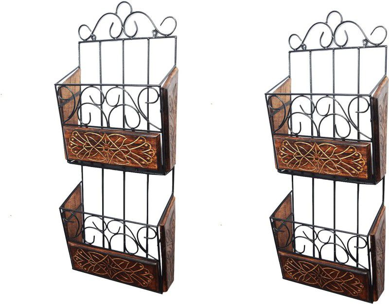 INDIAN WOOD ARTS Wooden and Iron Beautiful Design Wall Hanging Magazine and News Paper Holder // Rack for Home and Office Wall Hanging Magazine Holder  (Brown, Wooden, Pre-assembled)