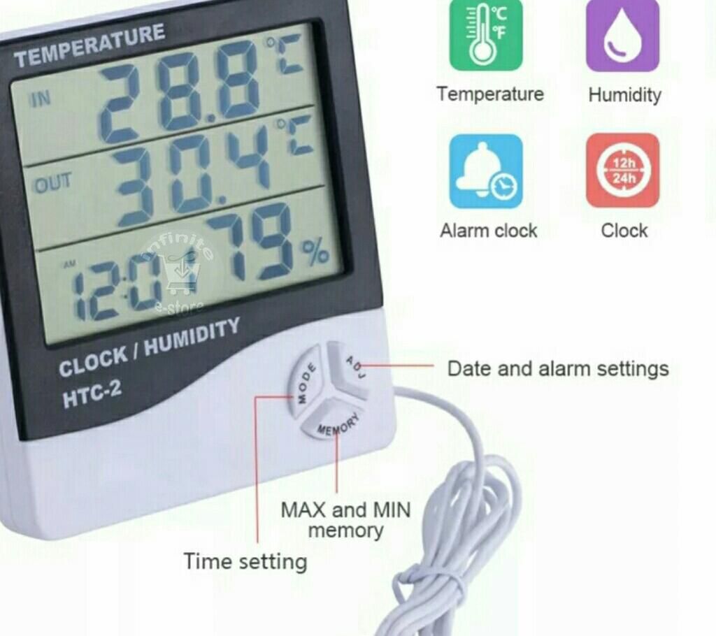 HTC Thermometer Hygrometer Weather Station Wireless Temperature Humidity Tester Indoor Outdoor Probe Clock Alarm Tool