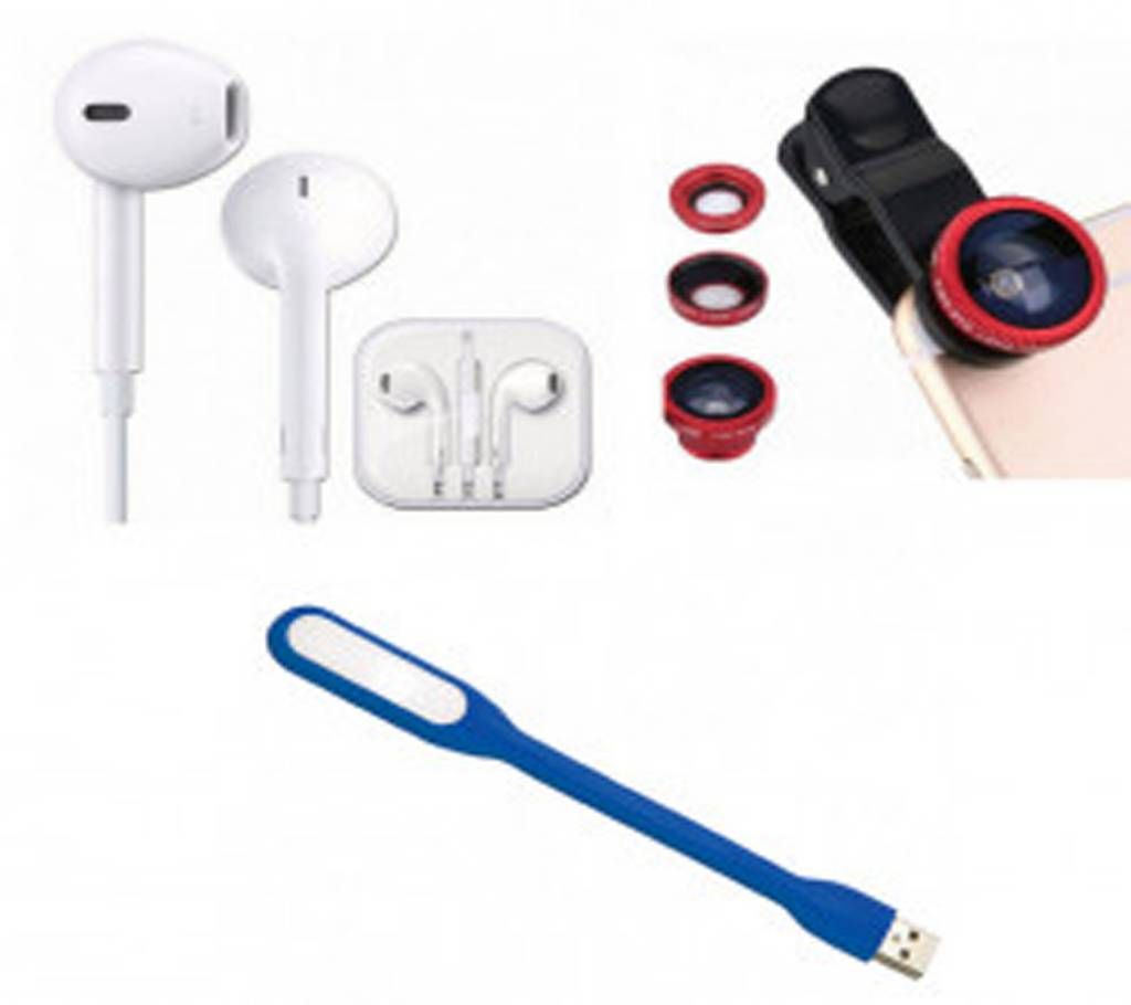 Earphone+Clip-on Lens+USB LED Light