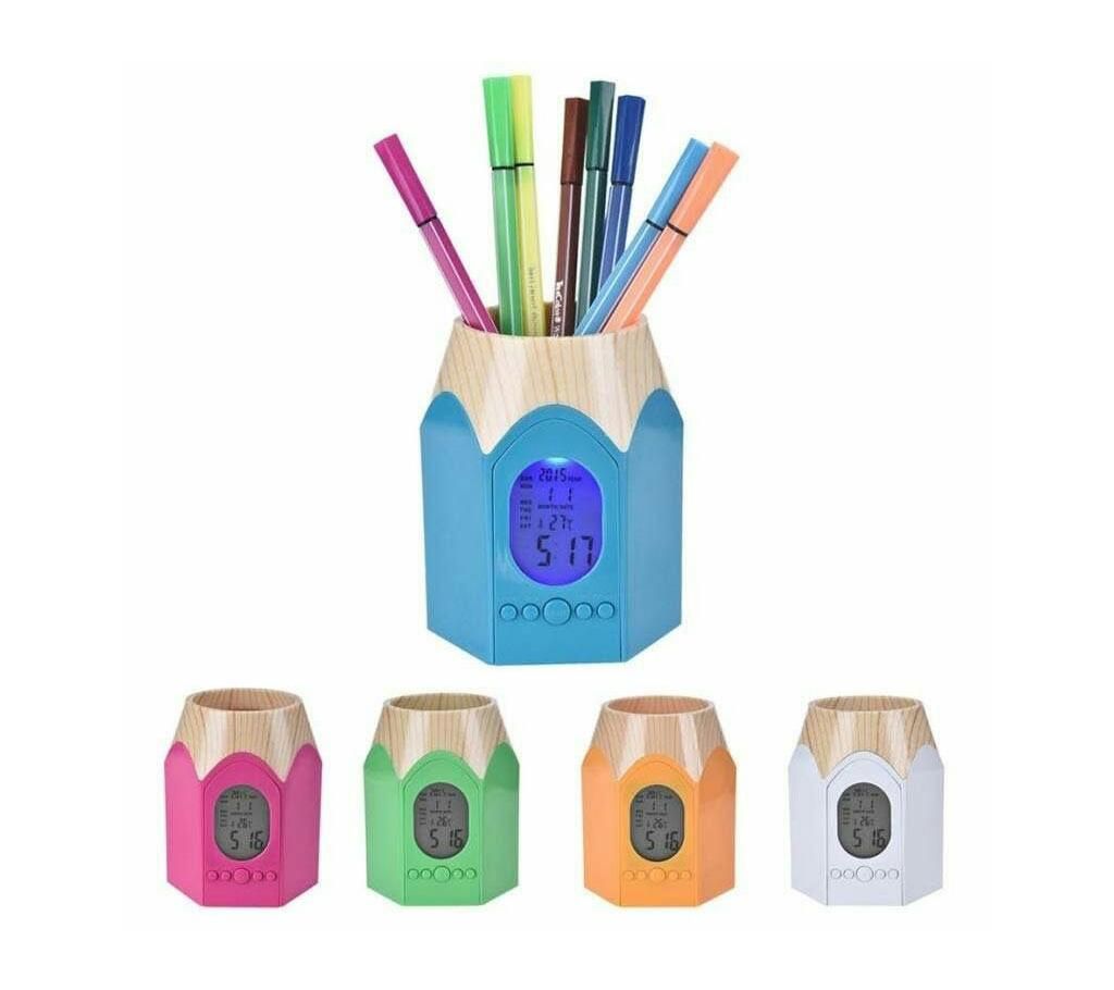 Digital pen holder with clock and light