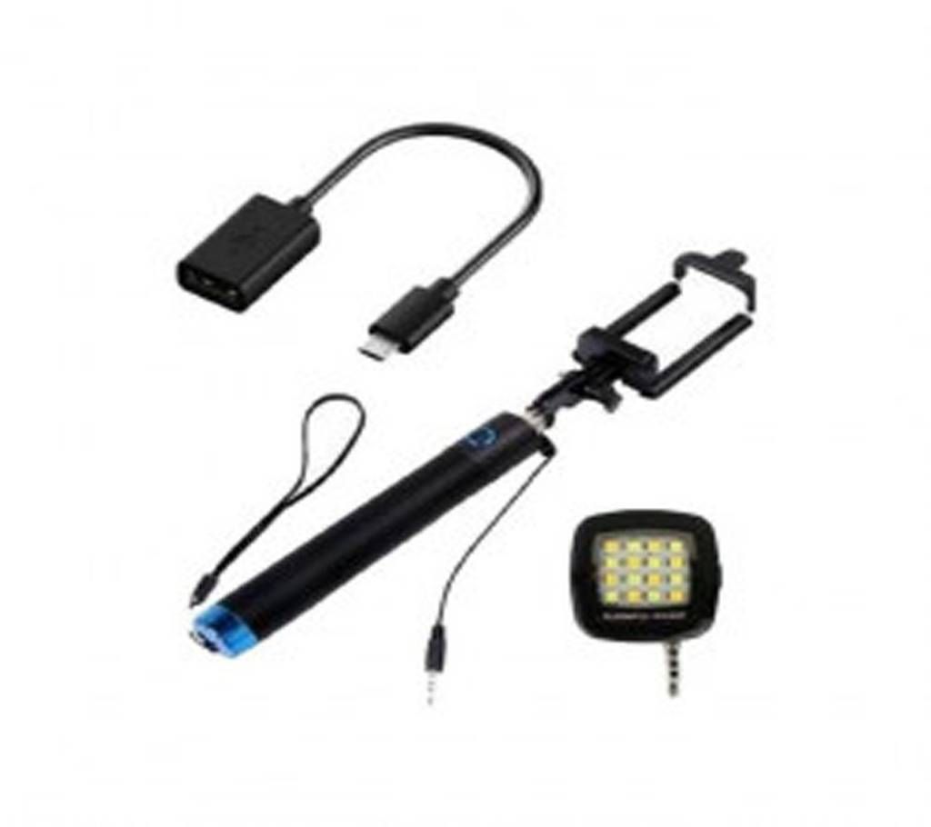 Selfie Stick Wire and Selfie Flesh Light and USB OTG Combo