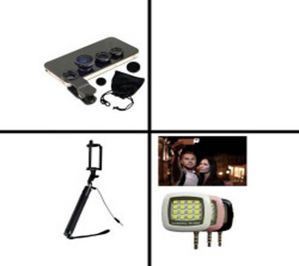 Universal Clip-on Lens and Selfie Stick and LED Flash Light Combo