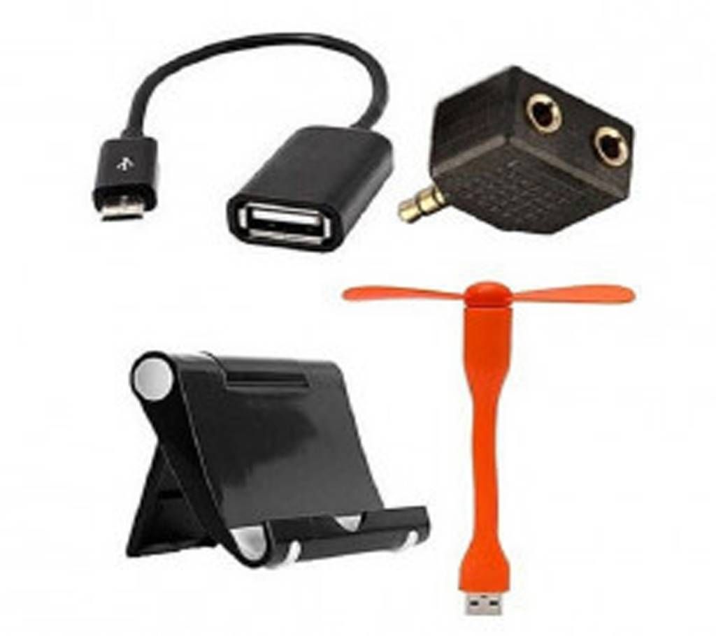 Combo Of Mobile Stand, Headphone Jack, Micro USB OTG Cable & USB Fan