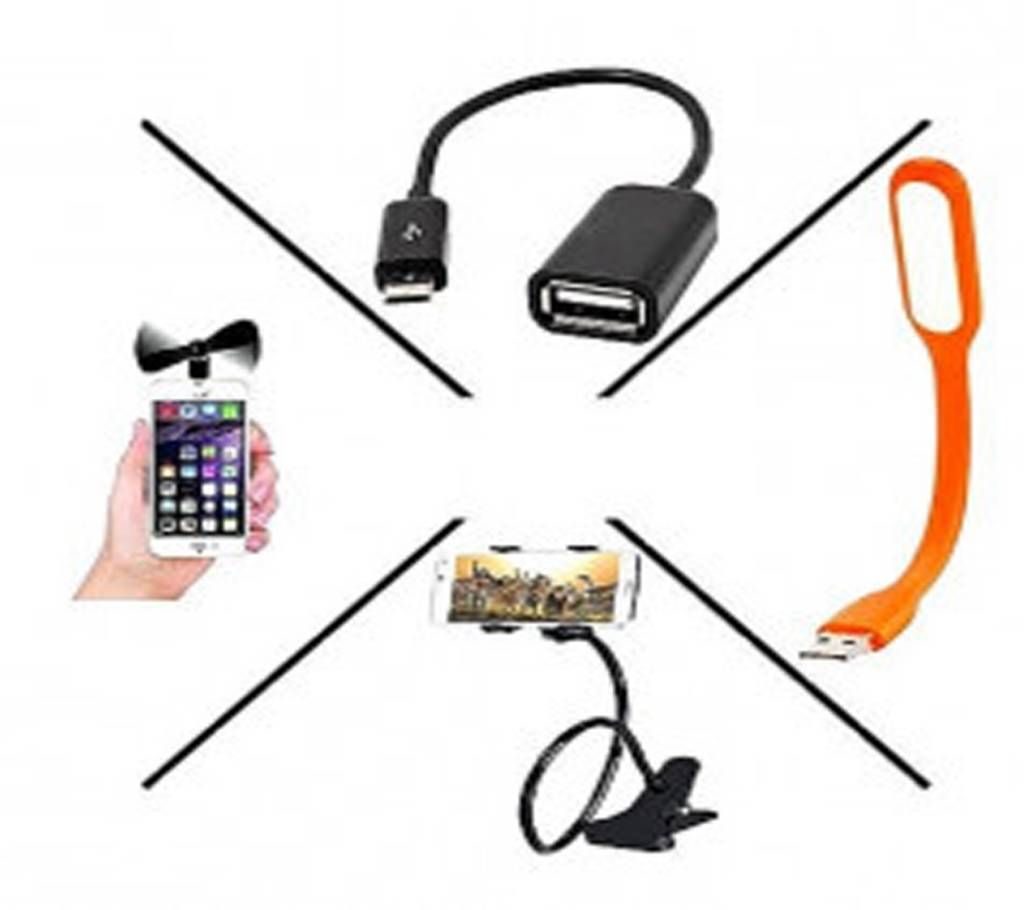 Combo of Mobile Fan and USB Light and Mobile Stand and OTG Cable