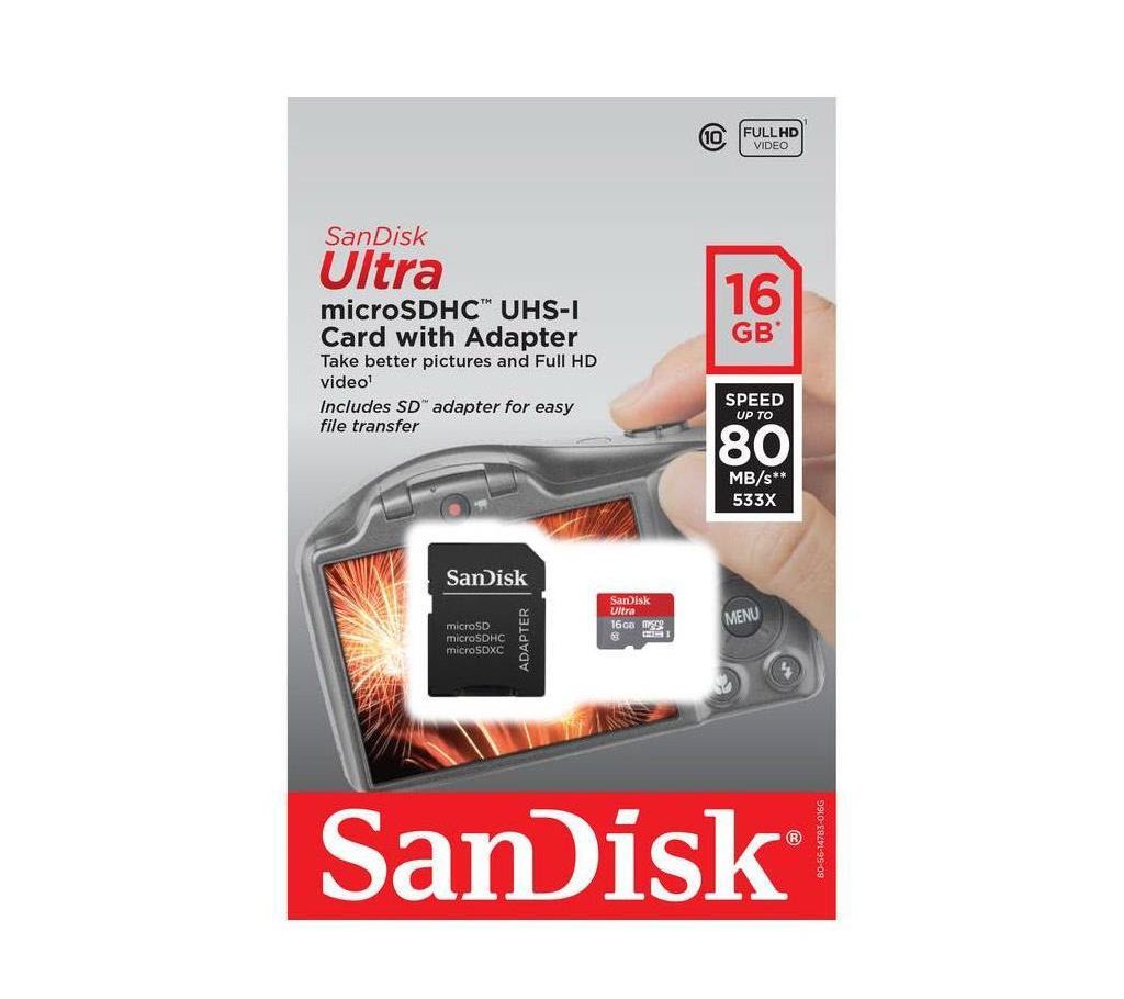 SanDisk 16GB Ultra microSDHC UHS-I Class 10 Memory Card with SD Adapter