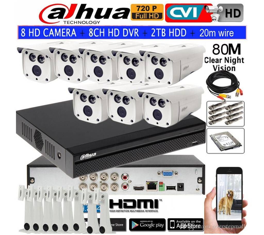 Dahua CCTV Package 8CH DVR 8 PCS Camera 1000GB HDD