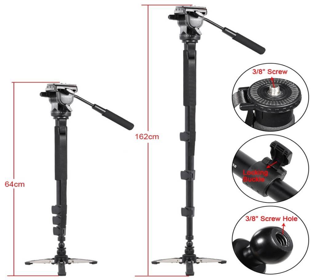 YUNTENG VCT-588 Extendable Telescoping Monopod with Detachable Tripod Stand Base Fluid Drag Head for DSLR Camera Camcorder