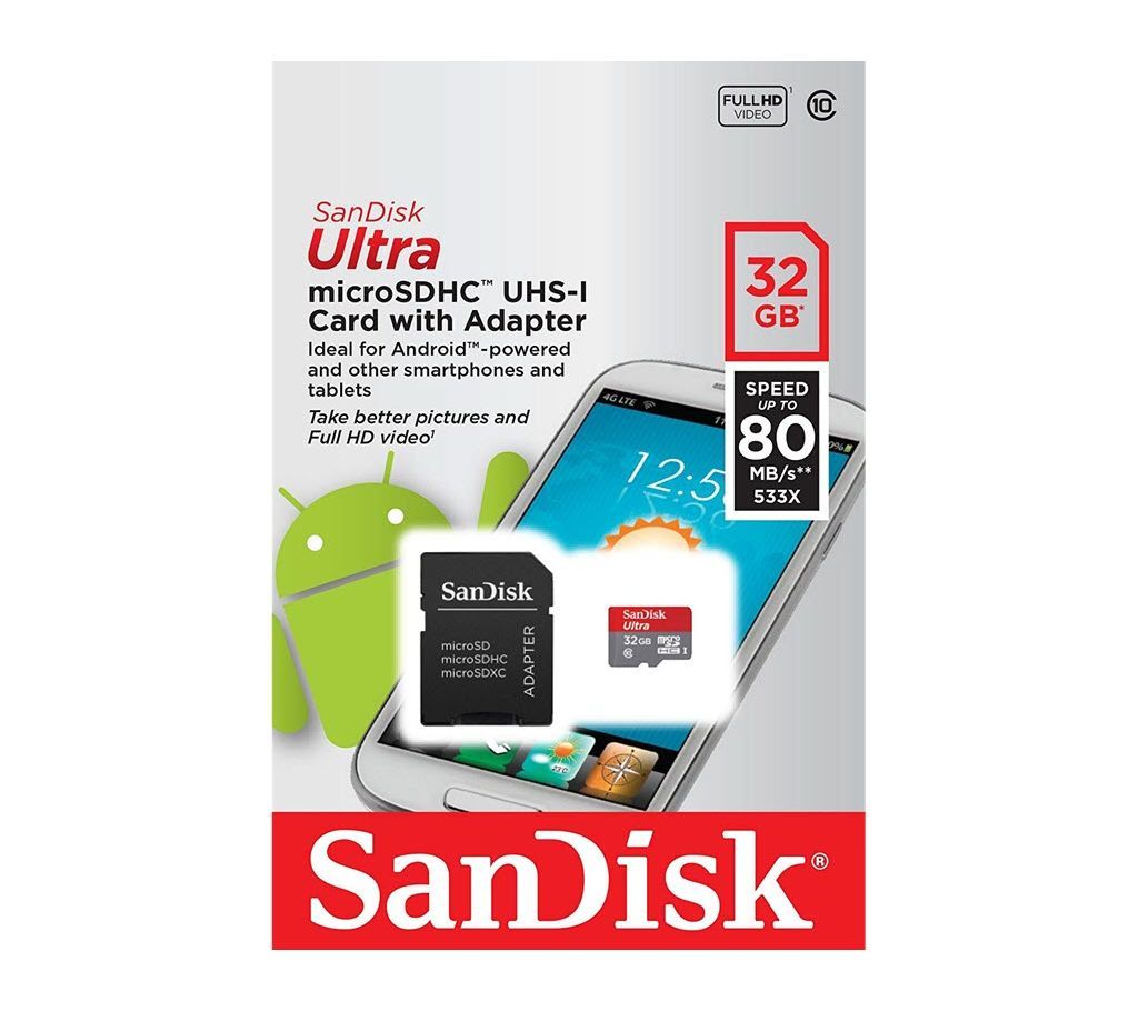 SanDisk 32GB Ultra microSDHC UHS-I Class 10 Memory Card with SD Adapter