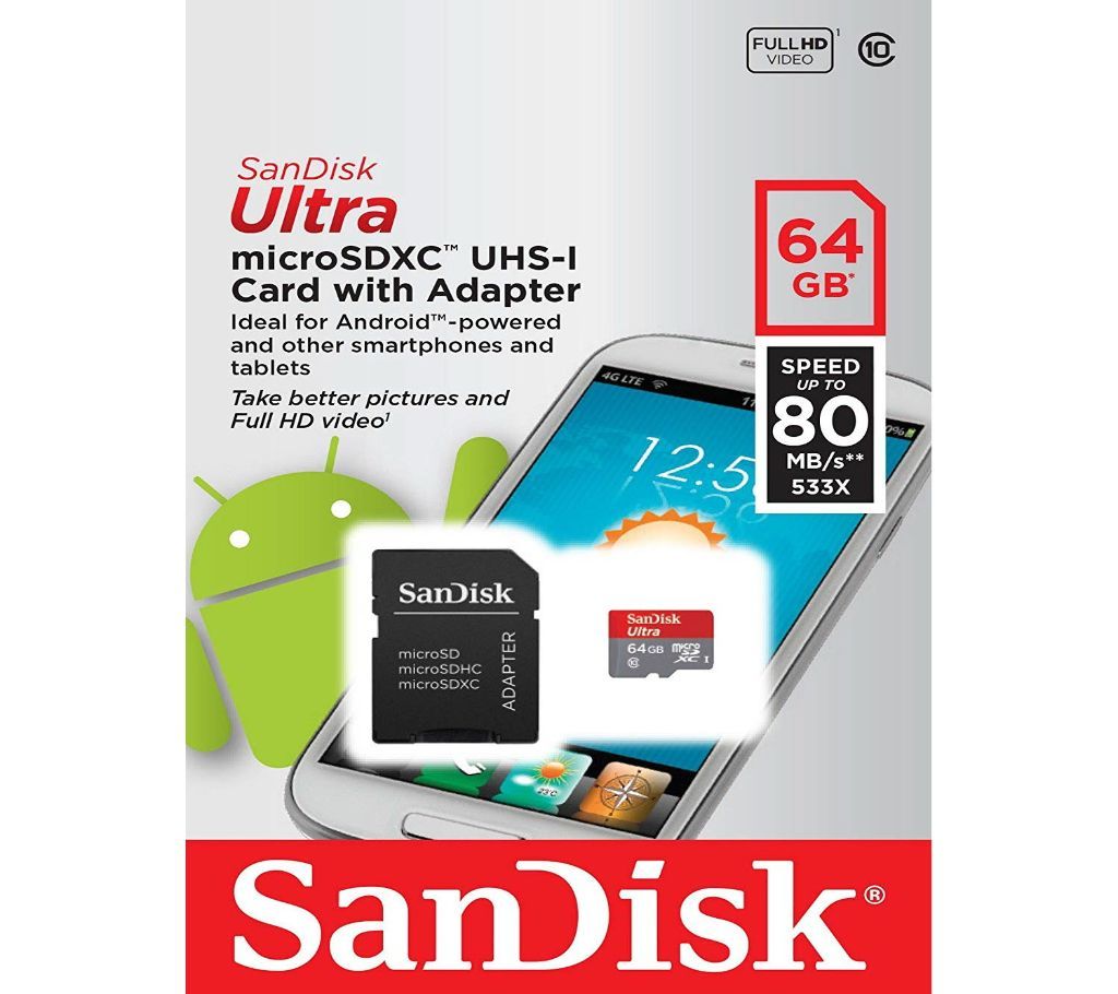 SanDisk 64GB Ultra microSDXC UHS-I Class 10 Memory Card with SD Adapter
