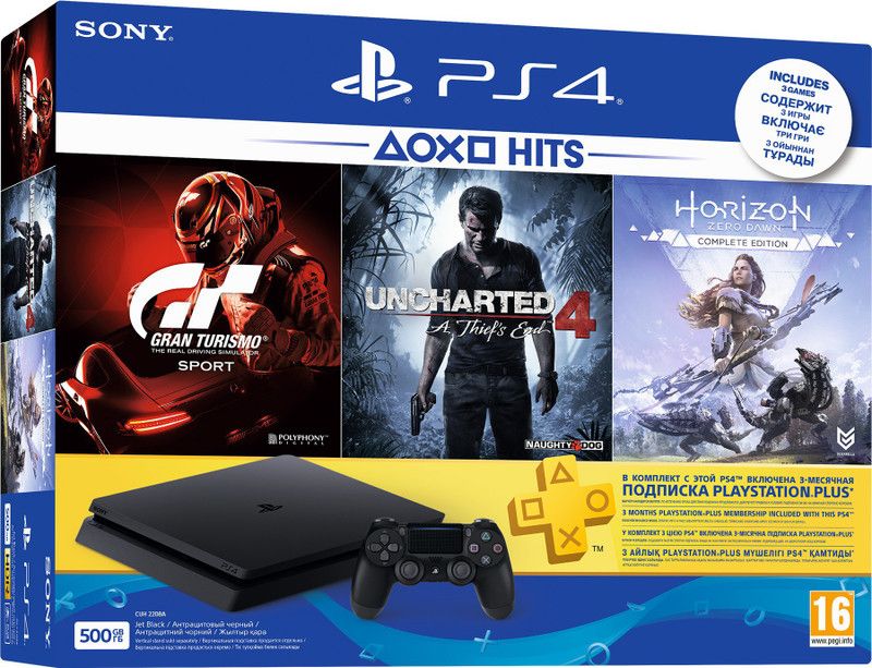 Sony PlayStation 4 (PS4) Slim 500 GB with Uncharted 4, Horizon Zero Dawn (Complete Edition) and Gran Turismo Sport  (Jet Black)
