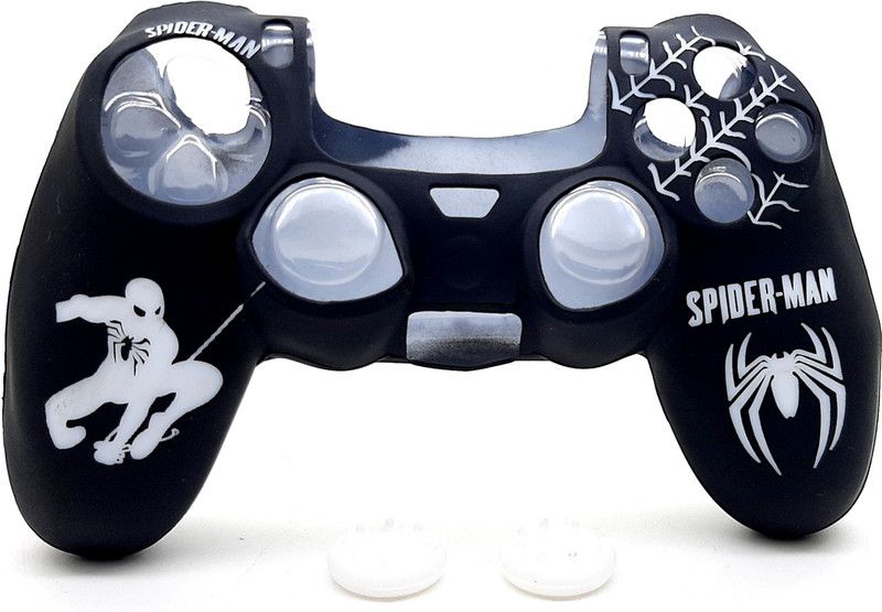 TMG Ps4 SPIDER-MAN Theme Silicone Protective Skin Case Cover with 2 PC Matching Thumb Grips for PS4 Controller (White) Gaming Accessory Kit  (Black + White, For PS4)