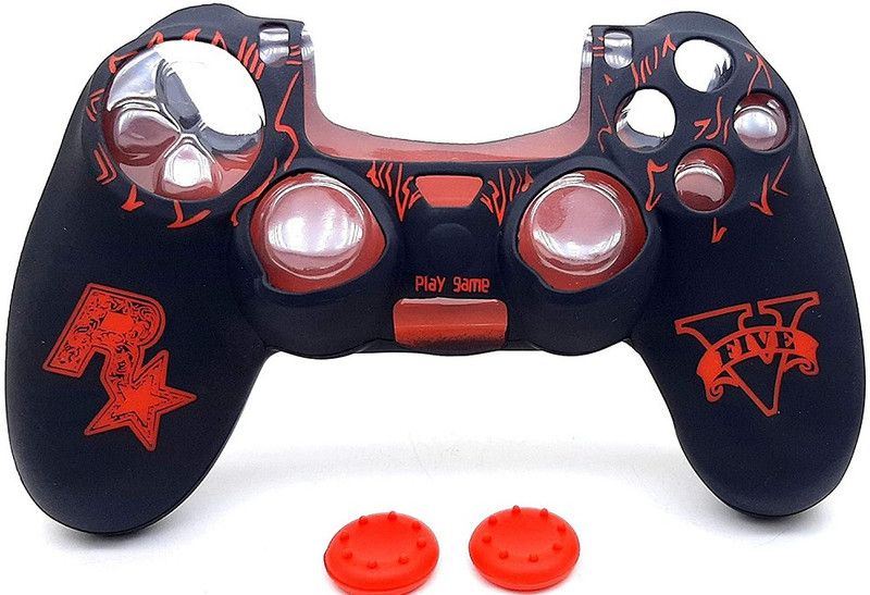 TMG Ps4 GTA V Theme Silicone Protective Skin Case Cover for PS4 Controller High Quality Protective Silicone Cover with 2 PC with Matching Thumb Grips (Red) Gaming Accessory Kit  (Black + Red, For PS4)